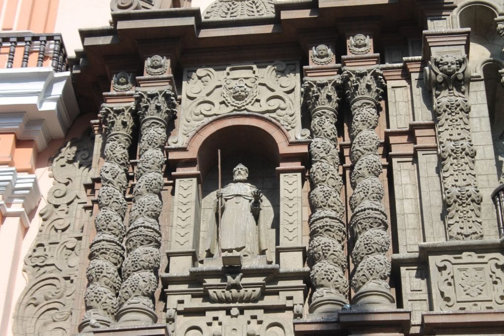 Close up image of the ornate portal entrance to La Merced Church in Lima city center.